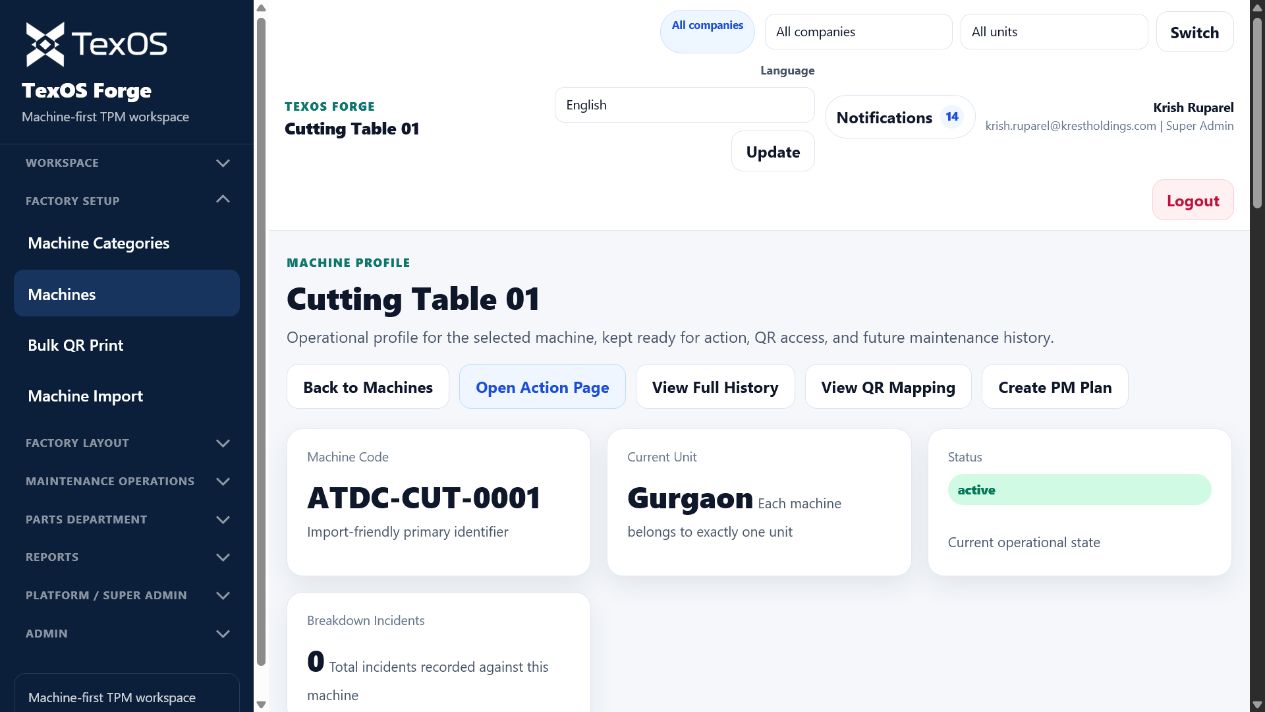 Machine profile and QR workflow